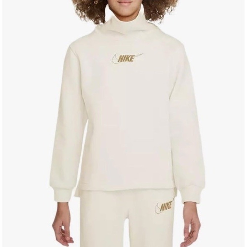 Nike Cream Turtleneck Fleece Sweatshirt with Gold Logo